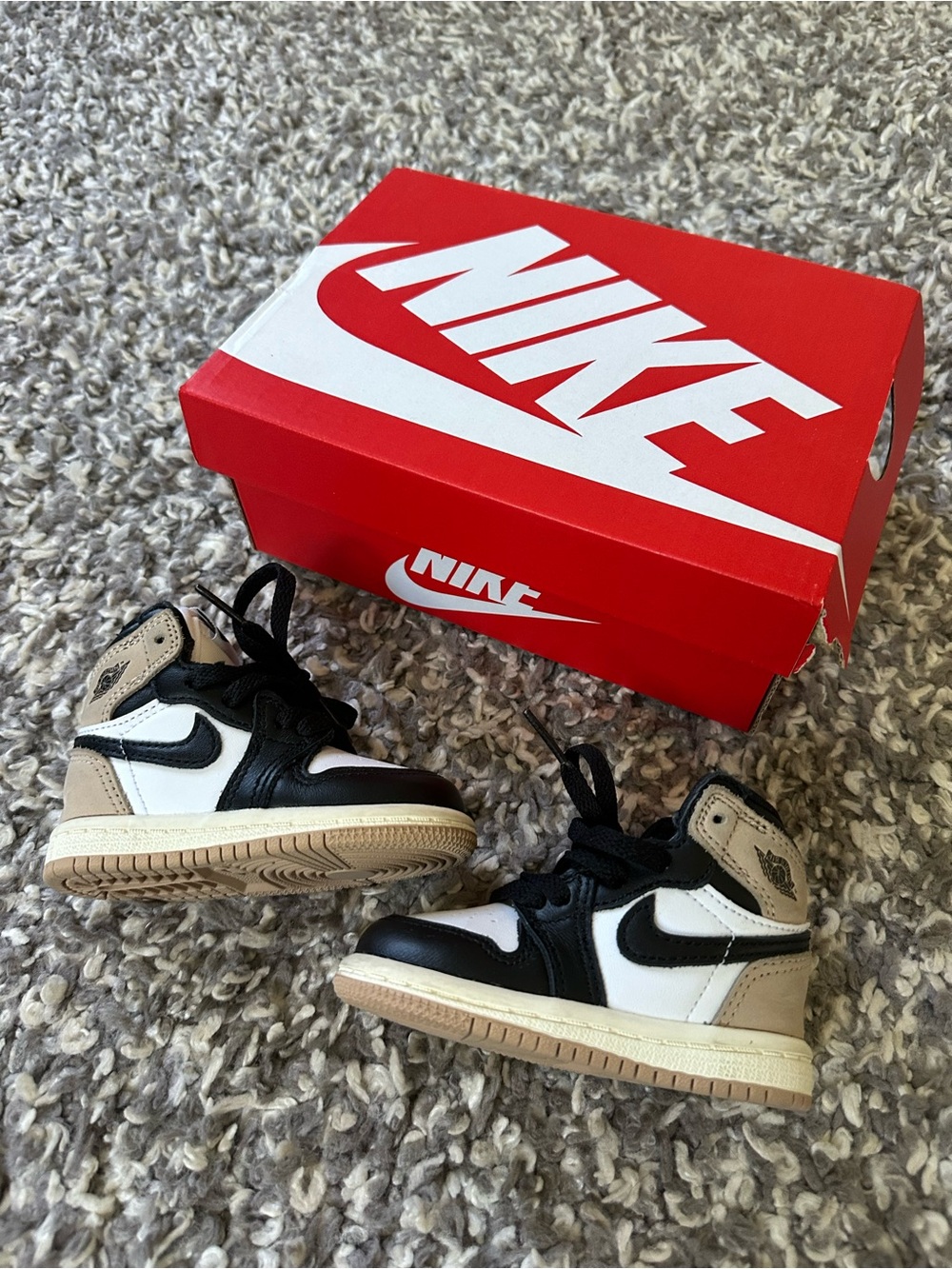 Nike Kids Air Jordan 1 High Top Sneakers - Black, White, Tan 4C baby/toddler